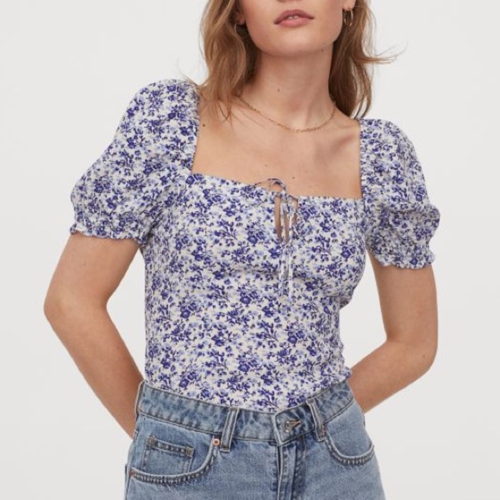 H&M Creped Blouse With Blue Flowers